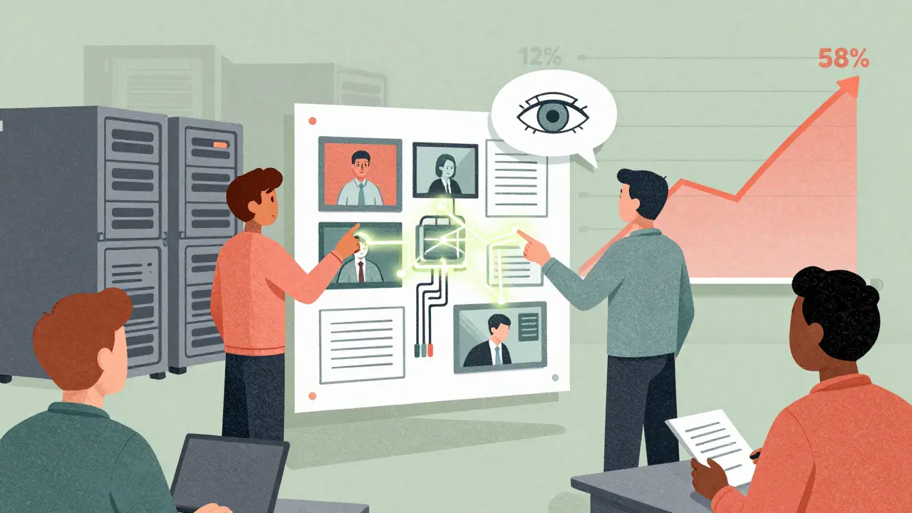 Employees interact with animated diagrams and videos processed by an AI eye in a stylized knowledge hub.