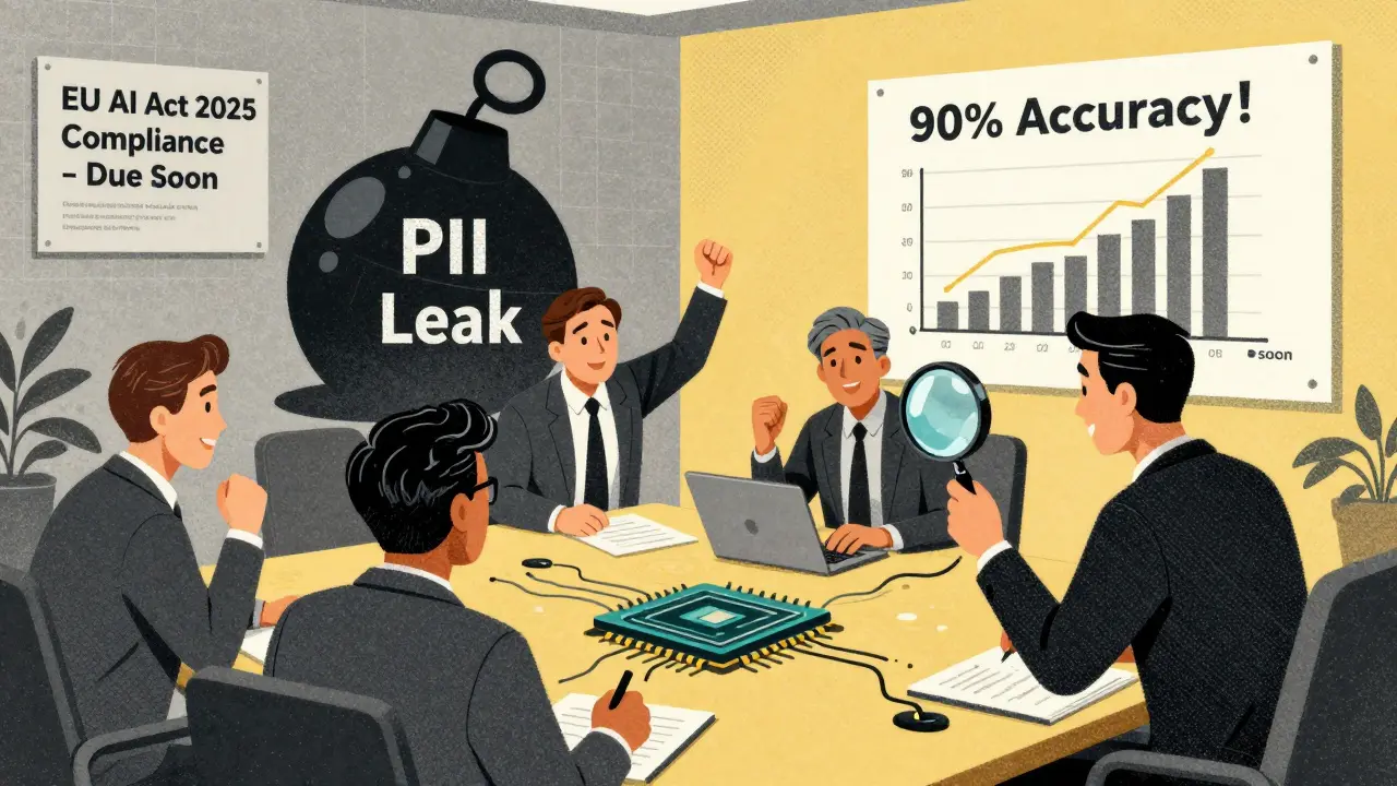Executives celebrate model accuracy as a ticking PII leak bomb looms behind them, in risograph style.