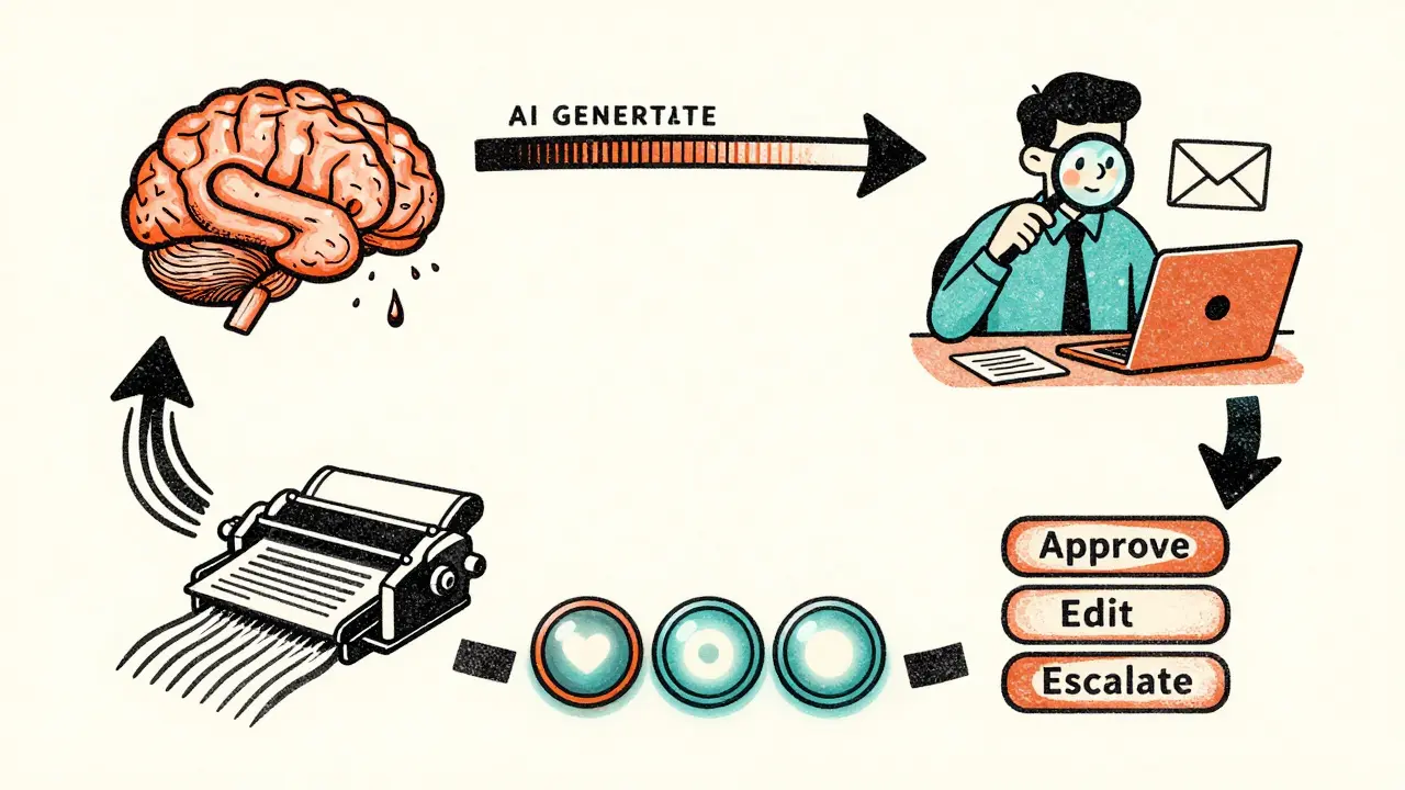 Four-step HITL workflow illustrated as a circular path with AI, human reviewer, buttons, and feedback loops.