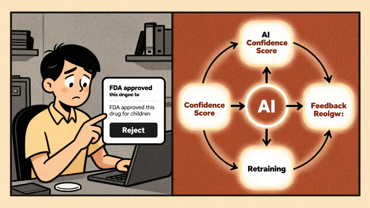 Human reviewer rejecting AI's false FDA claim, flowchart shows review process