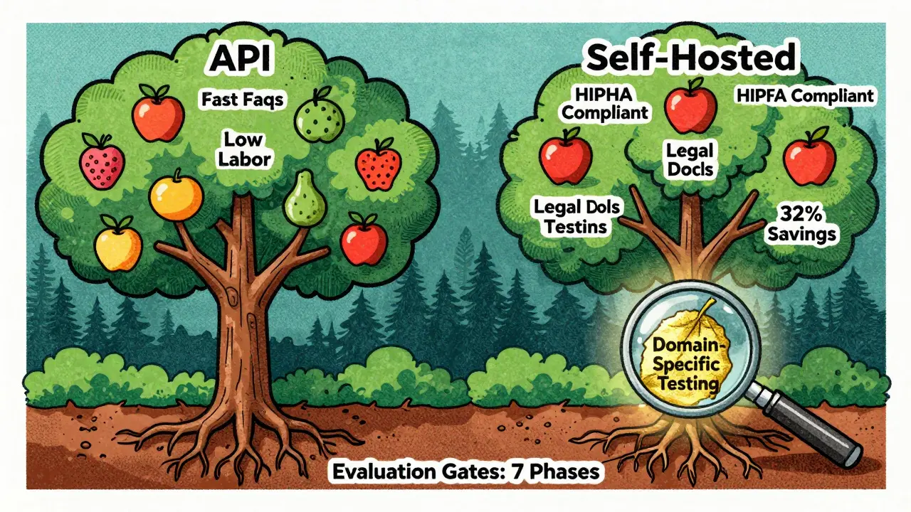 Hybrid LLM system as a tree with API and self-hosted branches, rooted in a 7-phase evaluation checklist.