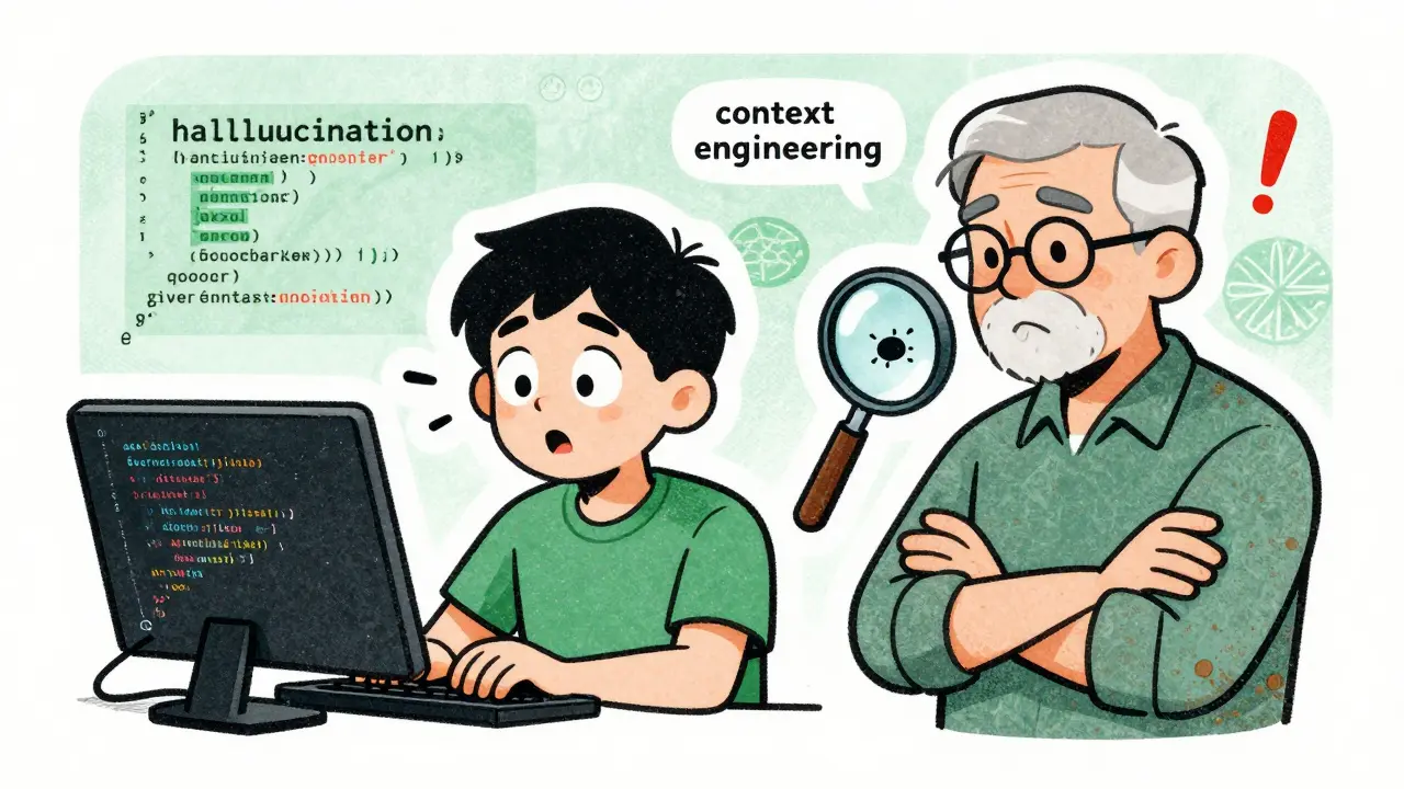 Junior and senior developer reacting to AI-generated code with contrasting expressions