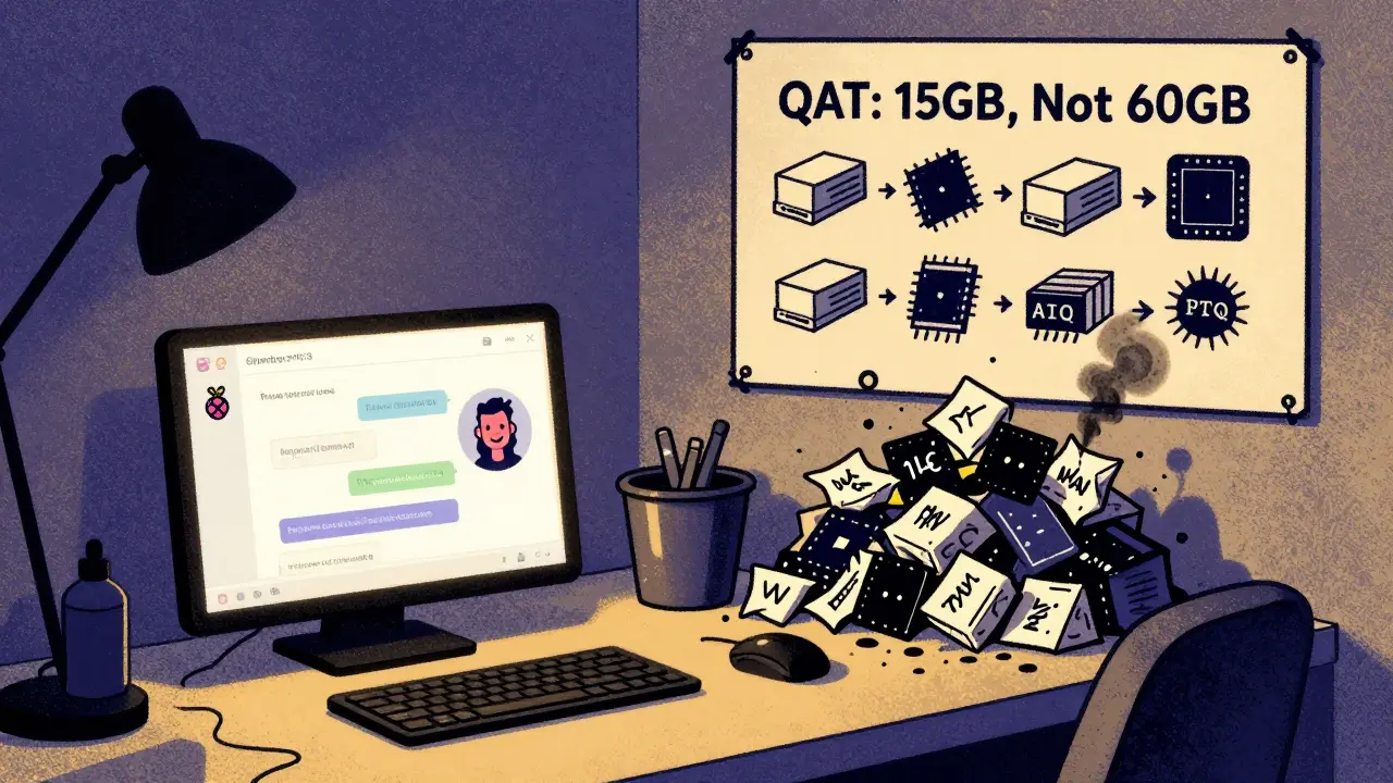 Raspberry Pi running smooth AI chat, surrounded by discarded failed models, with a '15GB Not 60GB' poster on the wall.