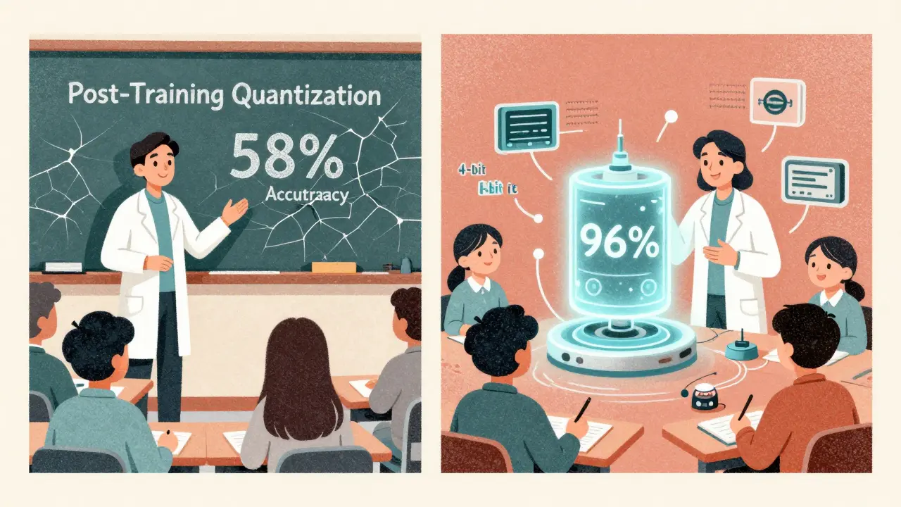 Split classroom: left shows failing quantization with crumbling chalkboard, right shows successful QAT with glowing model and KV cache.