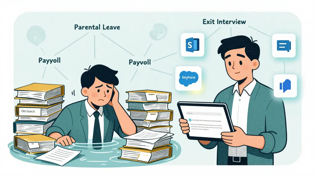 Split scene: chaotic paper piles vs. clean AI answer with digital icons in risograph color palette.