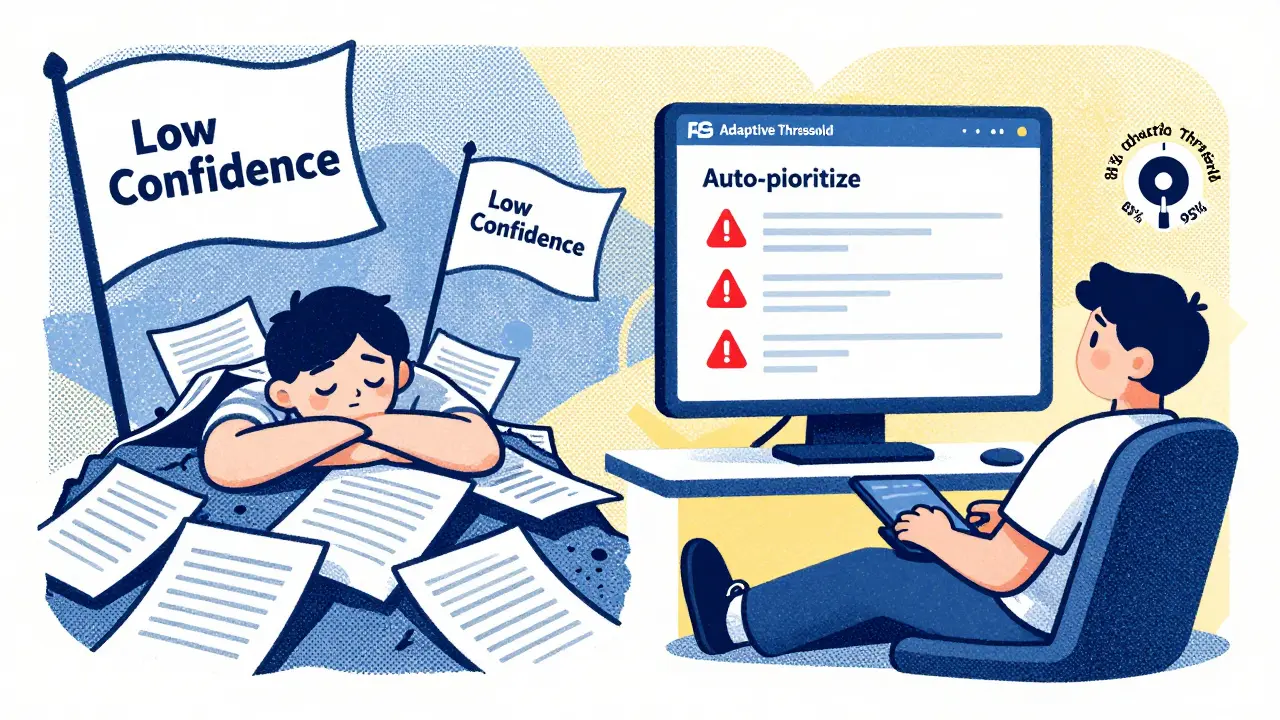 Split scene: overwhelmed reviewer vs. streamlined AI-prioritized flags with adaptive threshold dial.