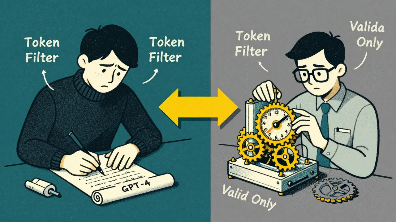 Split scene: poet writing freely vs engineer building precise JSON machine