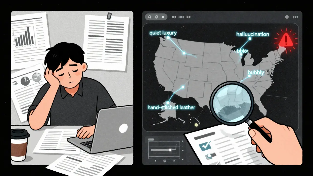 Split scene: tired human analyst vs. AI interface mapping emotional trends across U.S. regions.