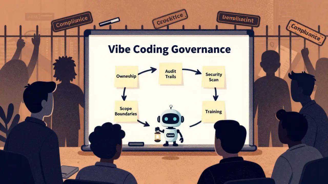 Team building governance framework around AI code, protected by compliance seals against unregulated code threats.