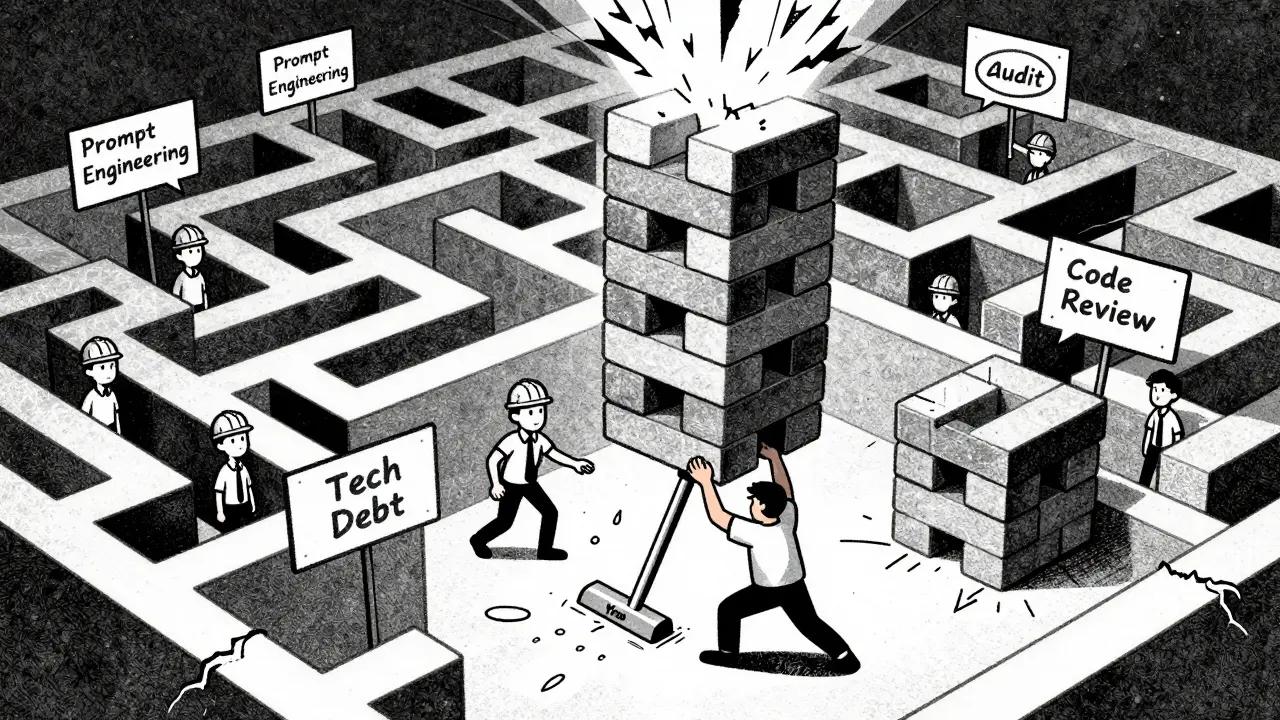 Team repairing a collapsing codebase with audit stamps and a lever labeled 'You'