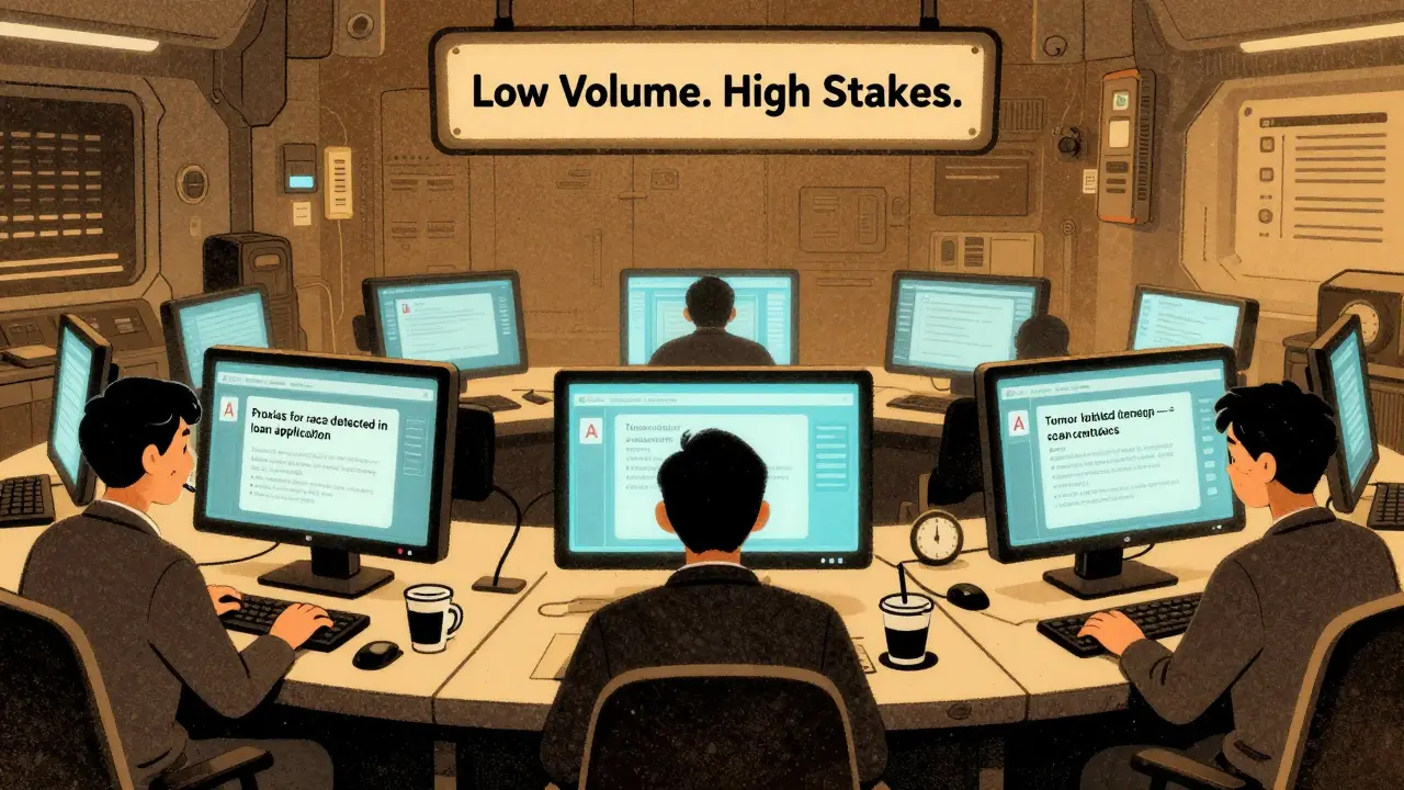 Three rotating reviewers in control room, AI errors highlighted on screens