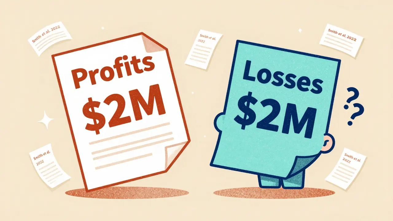 Two conflicting documents float as an LLM head merges them into a false number, with fake citations scattered around.