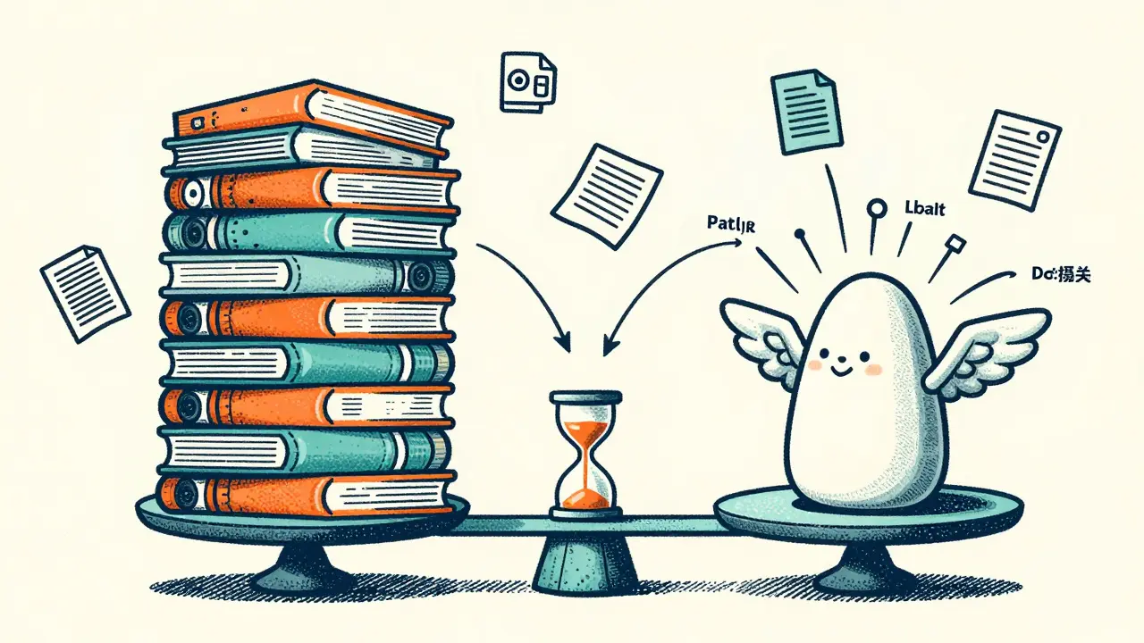 A balanced scale comparing a bulky stack of single models to one compact multi-task model, with floating data icons being sorted by an hourglass.