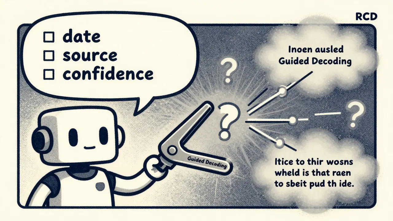 A bot generating structured JSON output, with a tool blocking malformed tokens and uncertain paths marked with question marks.