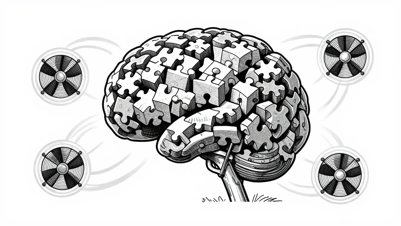 A bulky neural network being compressed into compact low-rank matrices, energy fading away.