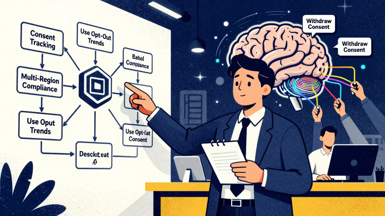 A business analyst oversees a wall of consent flowcharts, connecting user controls to AI systems.