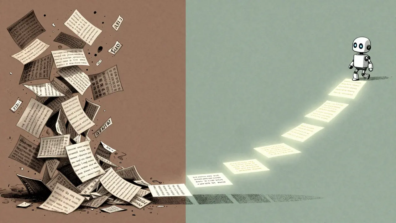 A chaotic storm of random text contrasts with an orderly path of escalating complexity, walked by a small AI robot.