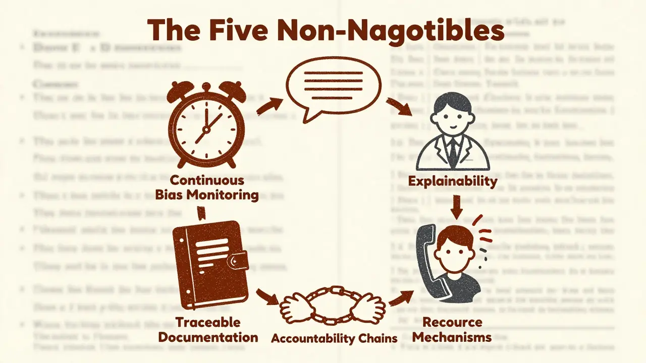 A circular diagram of five ethical principles for LLM deployment with icons and textured colors.