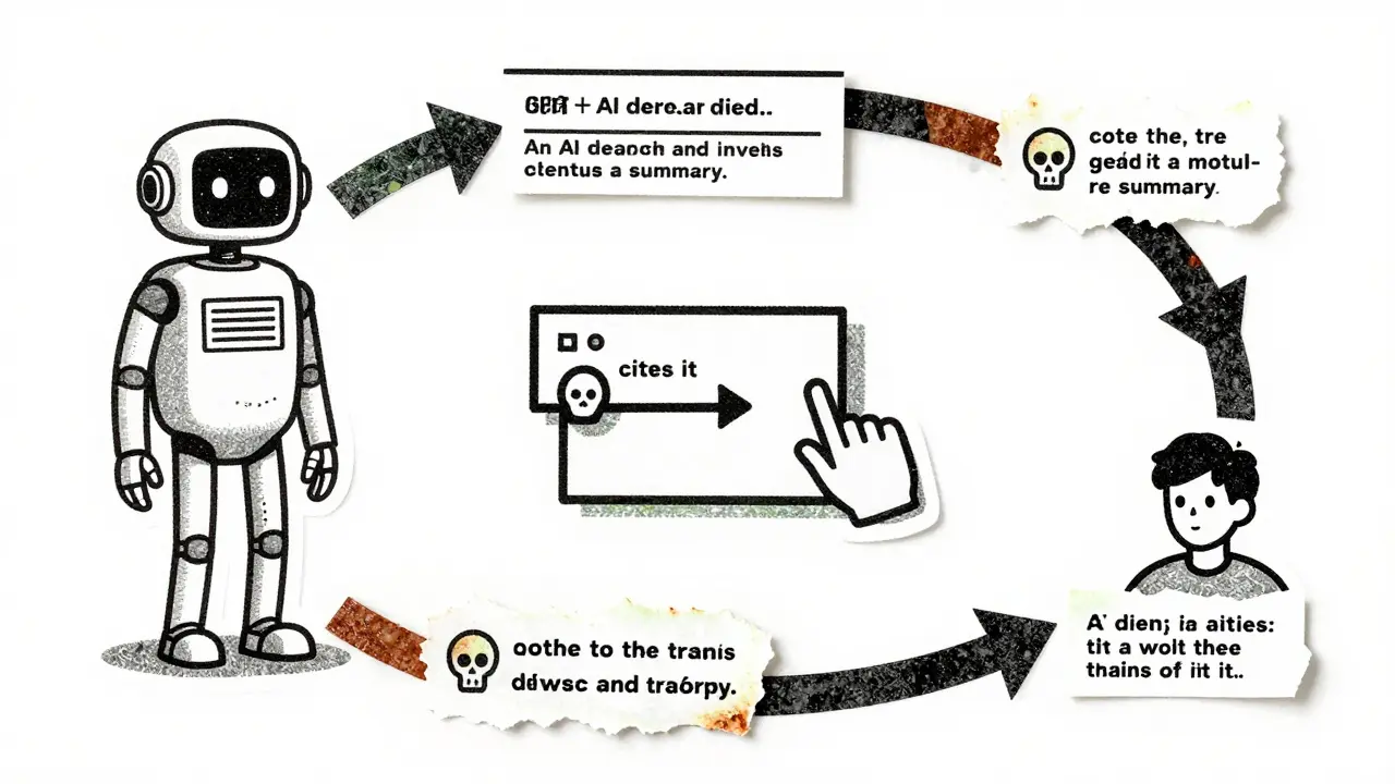 A circular diagram showing AI-generated fake citations feeding into a self-reinforcing loop of misinformation.