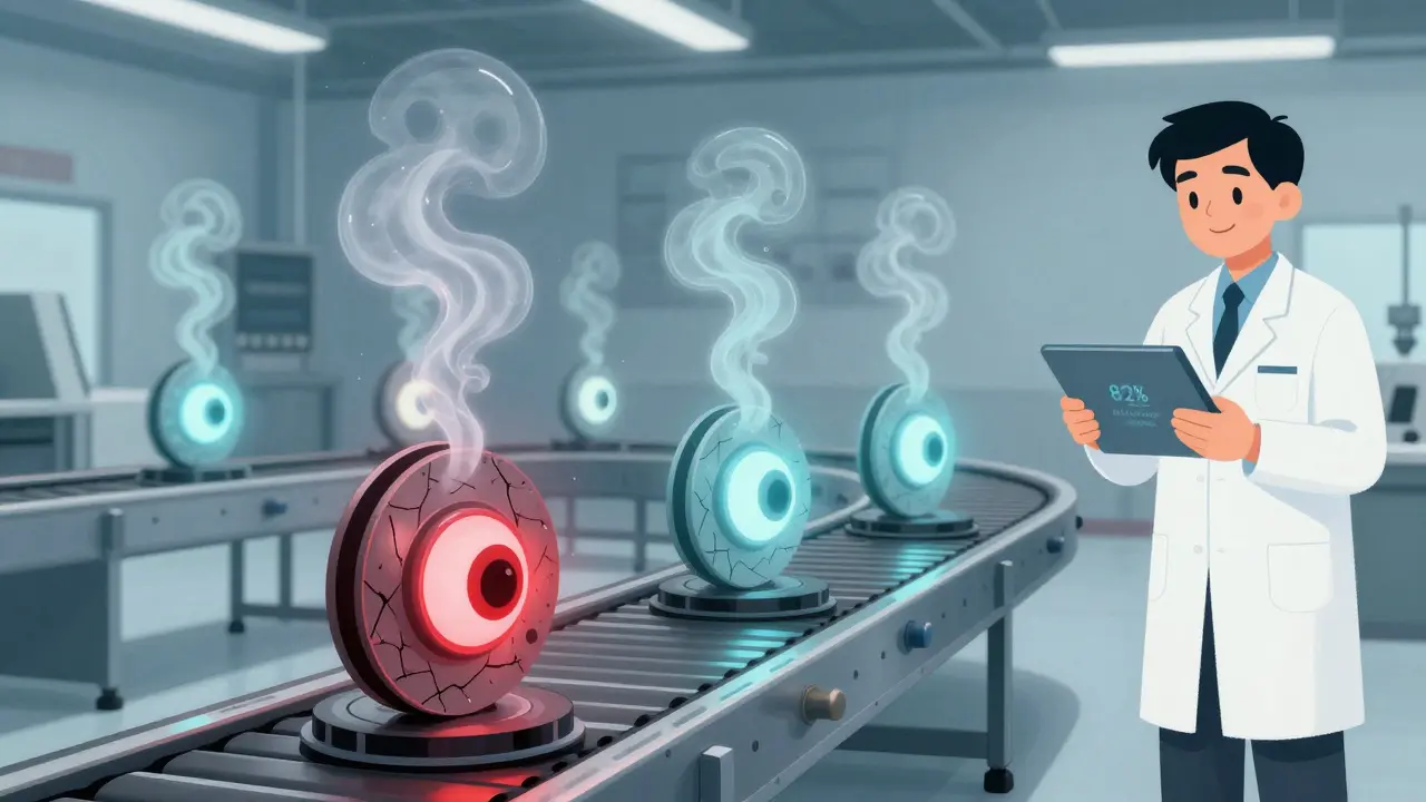 A conveyor belt passes products under an AI scanner, with synthetic defects floating nearby as a worker celebrates reduced error rates.