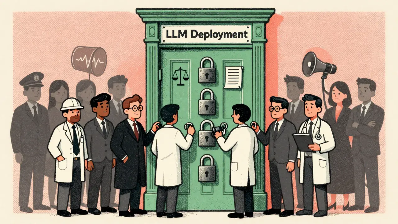 A door with five locks being opened by a diverse team, watched by regulators and citizens.