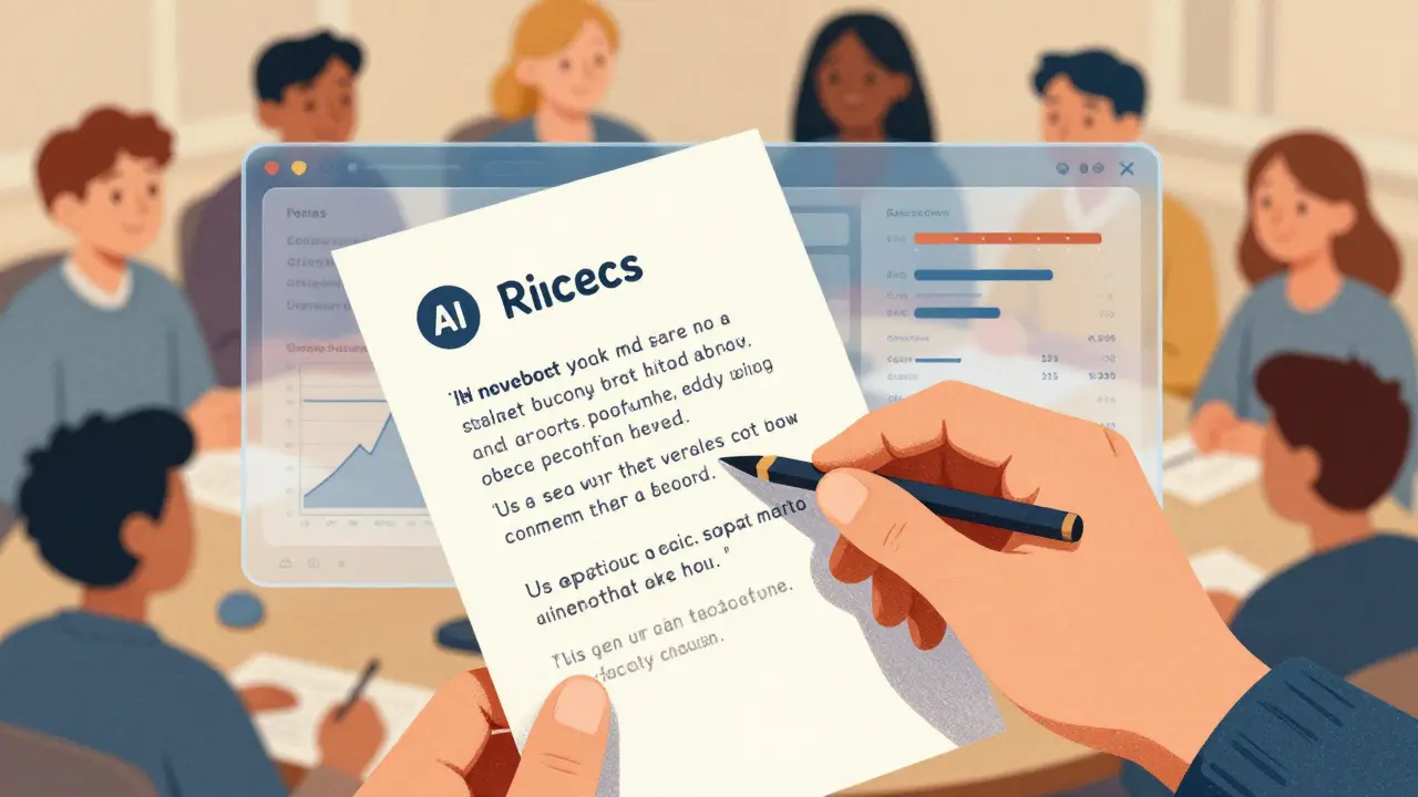 A hand adds a personal note to an AI-generated review, with fairness metrics softly visible beside it.