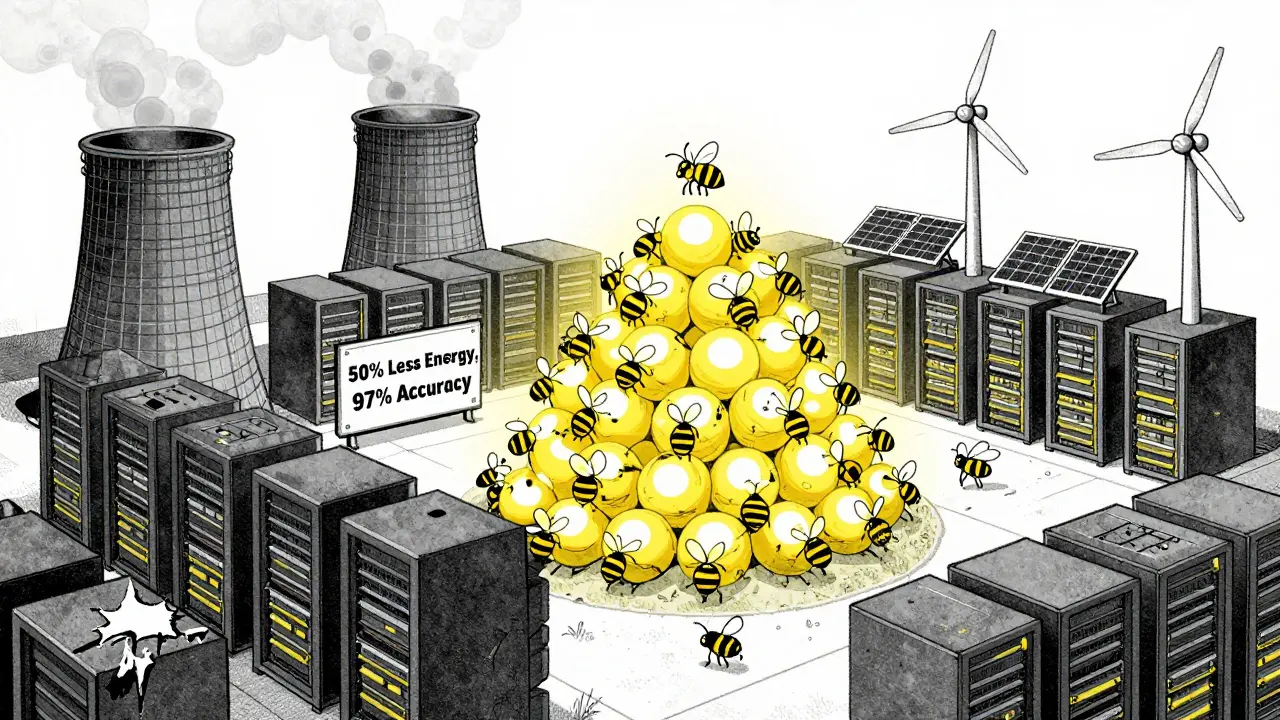 A modern data center with lean GPUs powered by renewables, labeled '50% Less Energy, 97% Accuracy'.