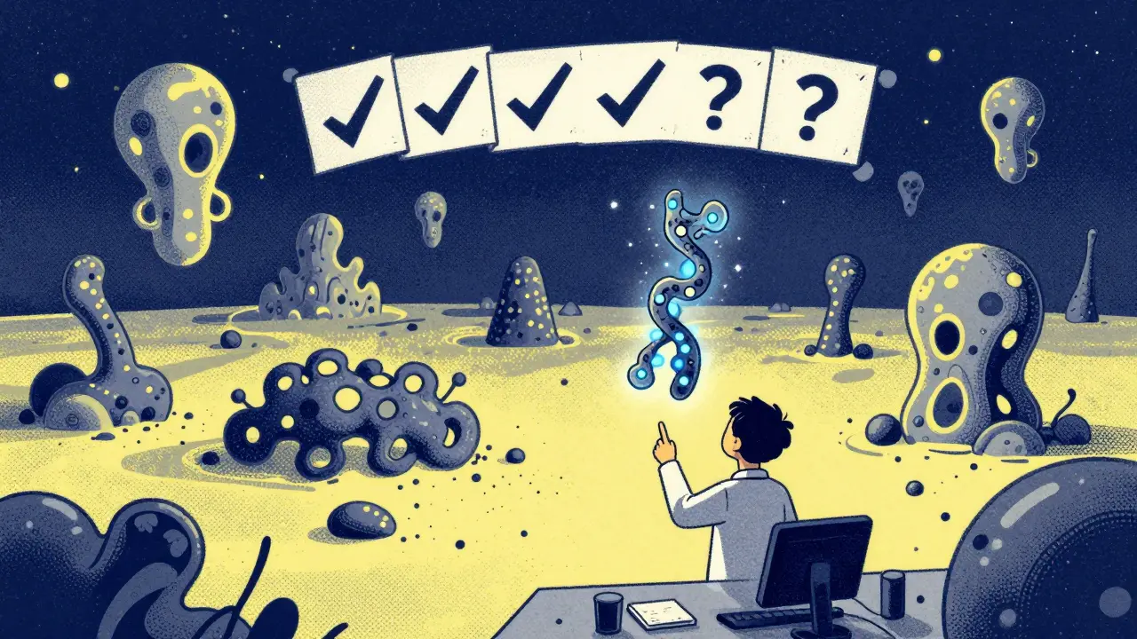 A researcher watches a newly designed protein rise into a sky filled with alien protein shapes, all in risograph aesthetic.