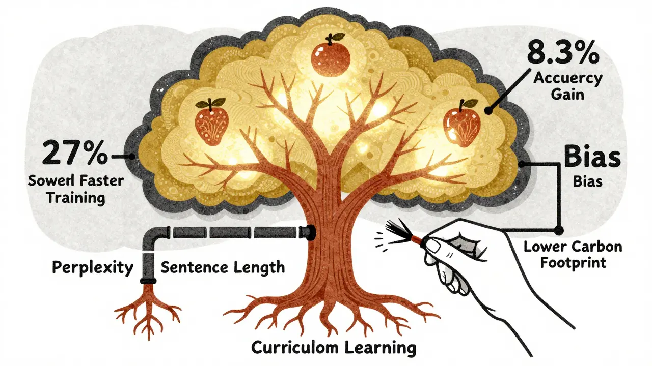 A tree with training metrics as fruit, roots labeled with difficulty metrics, a hand pruning a bias branch.