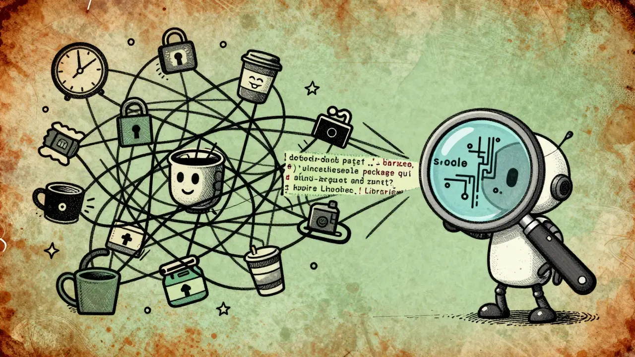 AI robot pulling in third-party libraries, while an SCA tool identifies a modified vulnerable dependency in the code.