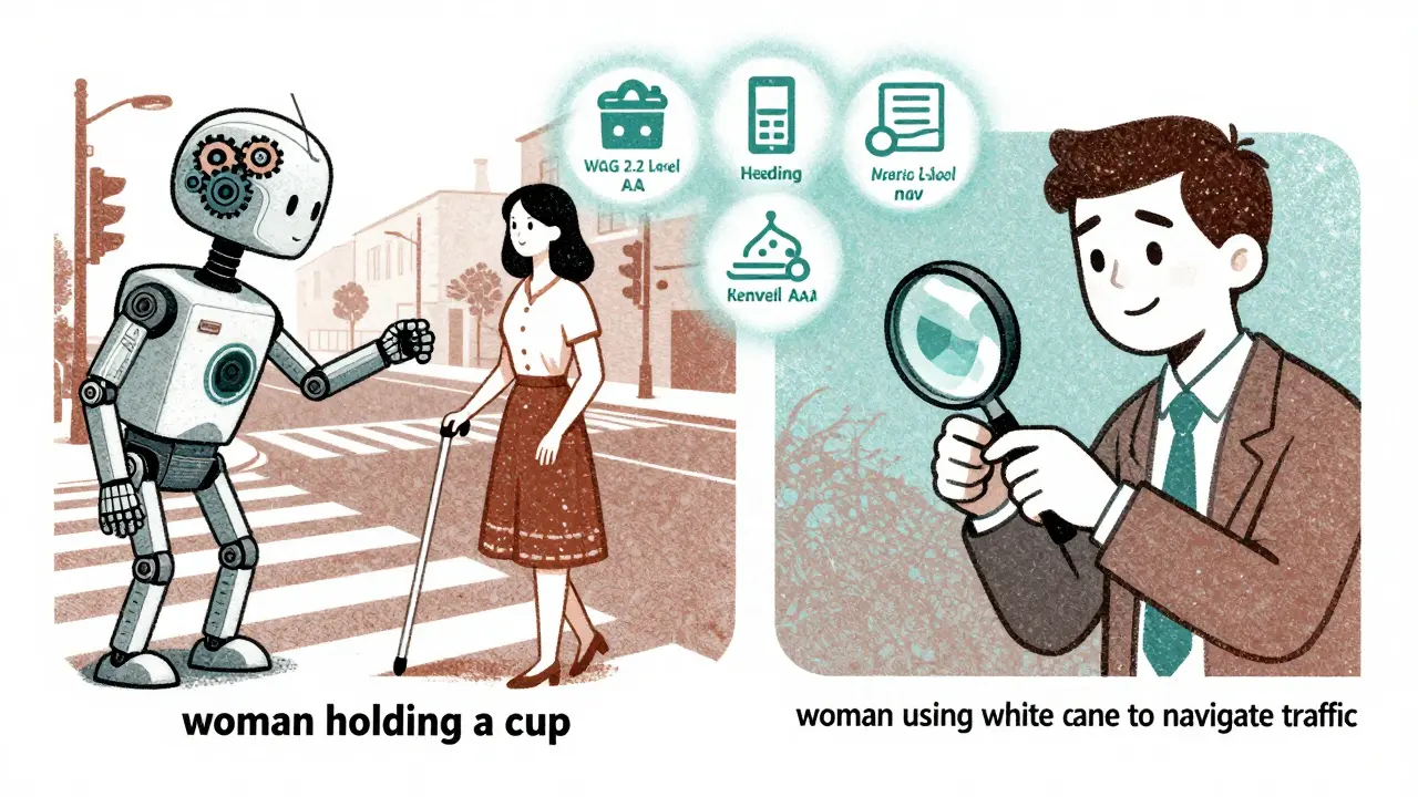 An AI robot incorrectly labels an image of a person with a cane as 'woman holding a cup', while a human reviewer corrects it to reflect true context.