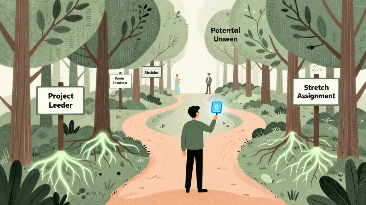 An employee stands at a branching career path in a forest of potential roles, guided by a glowing GPS device.