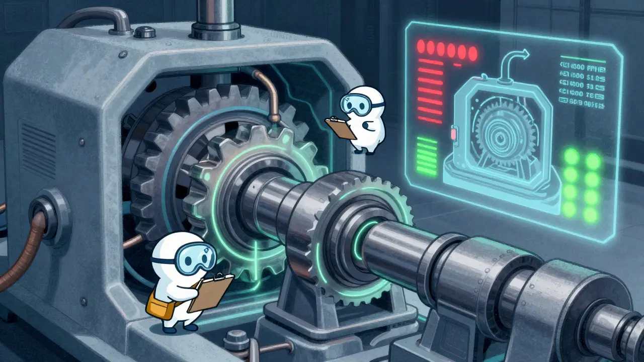 An industrial machine glows with internal AI diagnostics as tiny avatars predict and fix a bearing flaw before it fails.