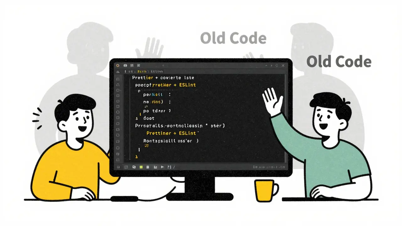 Clean code editor with developers celebrating, Prettier and ESLint tools visible