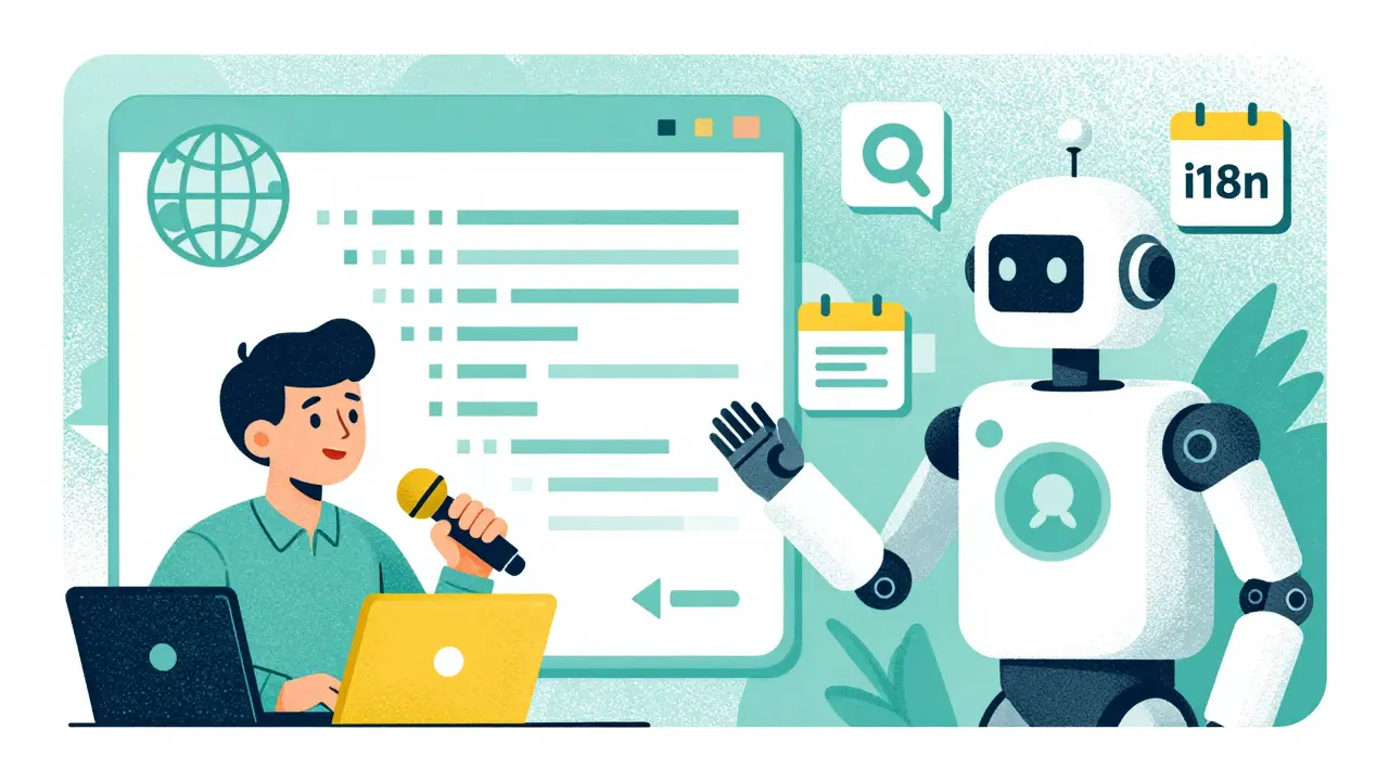 Developer speaking to LLM robot generating JSON files with globe and arrow icons.