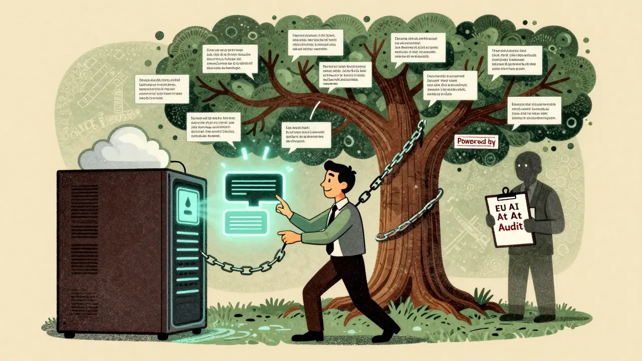 Employee deploying AI while legal chains of attribution grow from the server