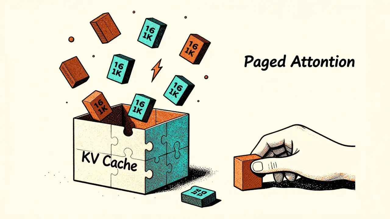 Fragmented memory blocks being reused by PagedAttention, contrasting with a wasted solid block, illustrating efficient KV cache management.