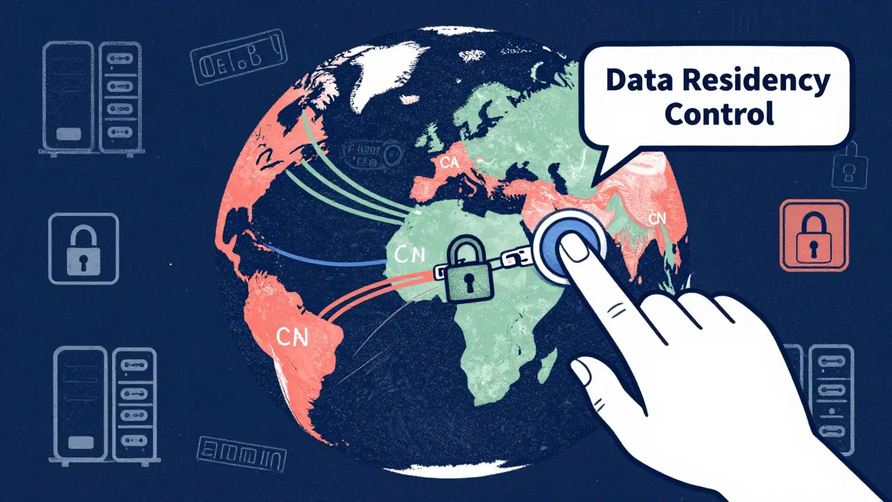 Global map with data streams confined by region and encrypted locks securing privacy