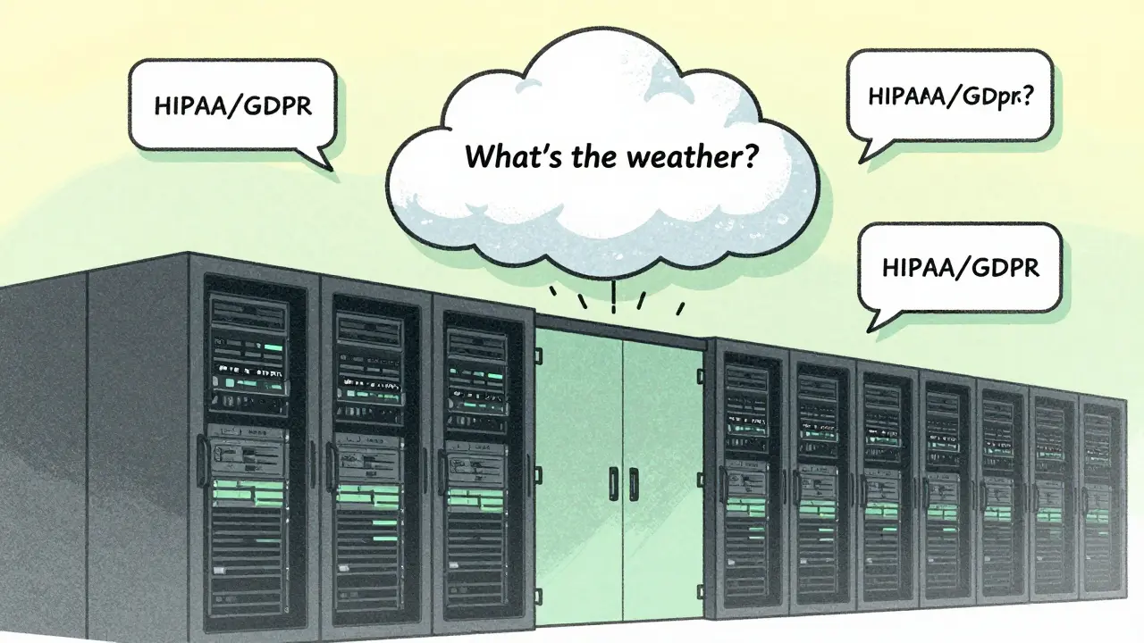 Hybrid AI system showing secure on-prem servers and cloud-bound casual queries in muted risograph tones.