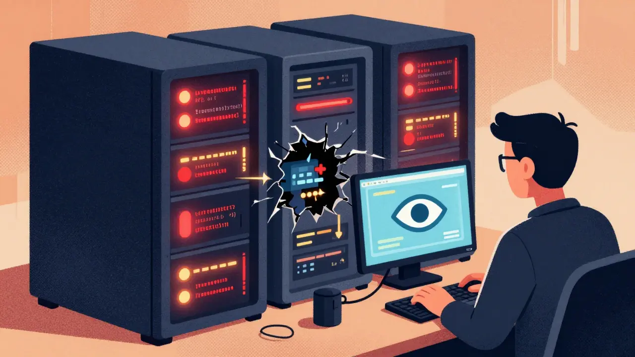 Live server monitoring detects suspicious AI-generated activity with glowing alerts and a vigilant security eye icon.