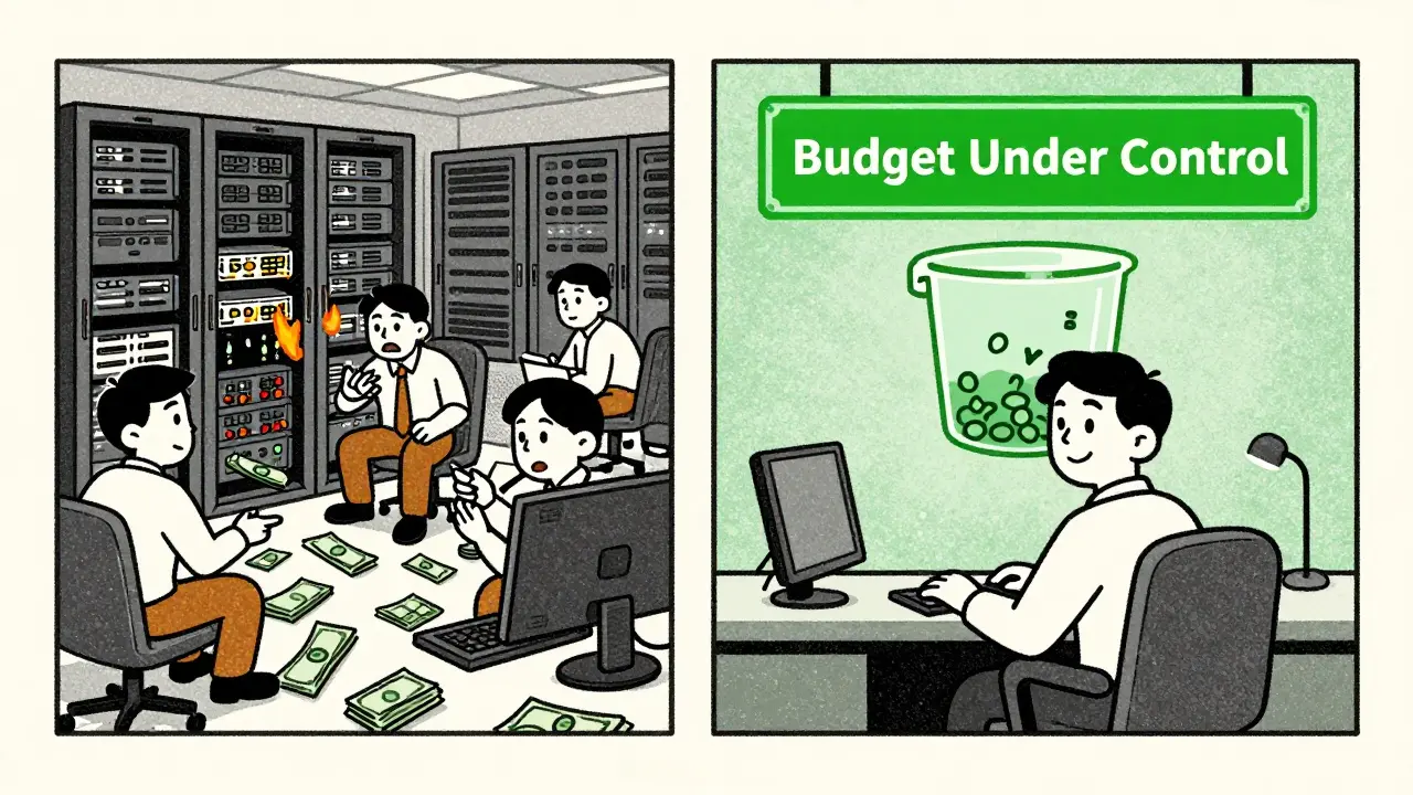 Split scene: chaotic server room with burning money vs. calm control room with a glowing 'Budget Under Control' banner.