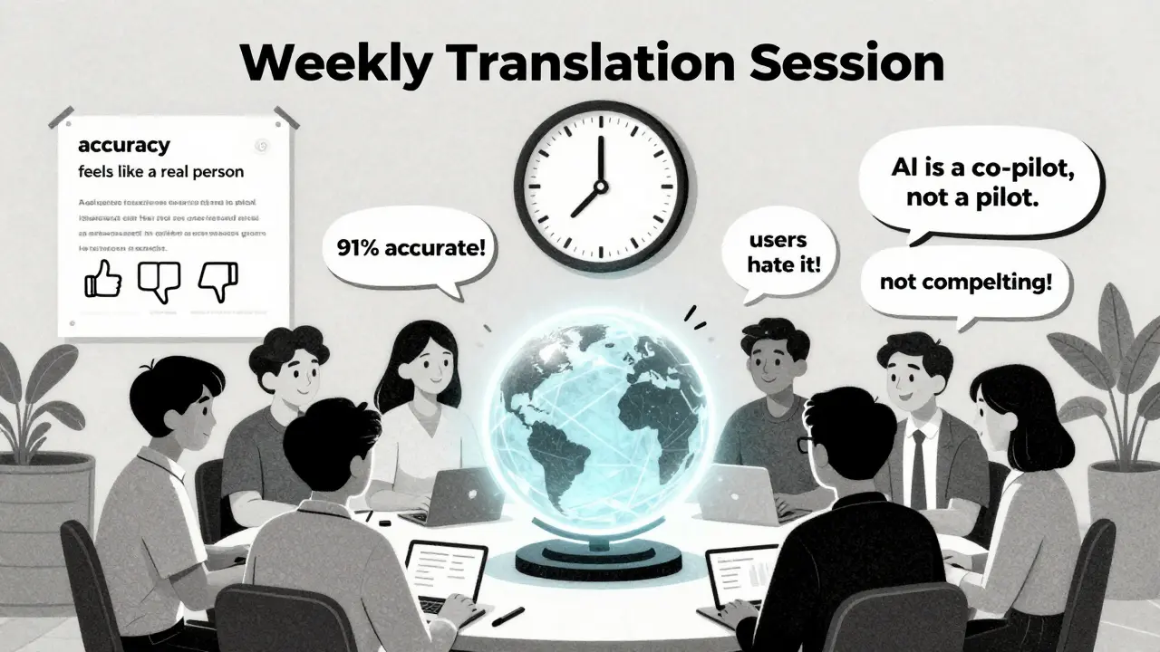 Team in conflict over AI performance, with a glossary poster clarifying user perception vs technical metrics.