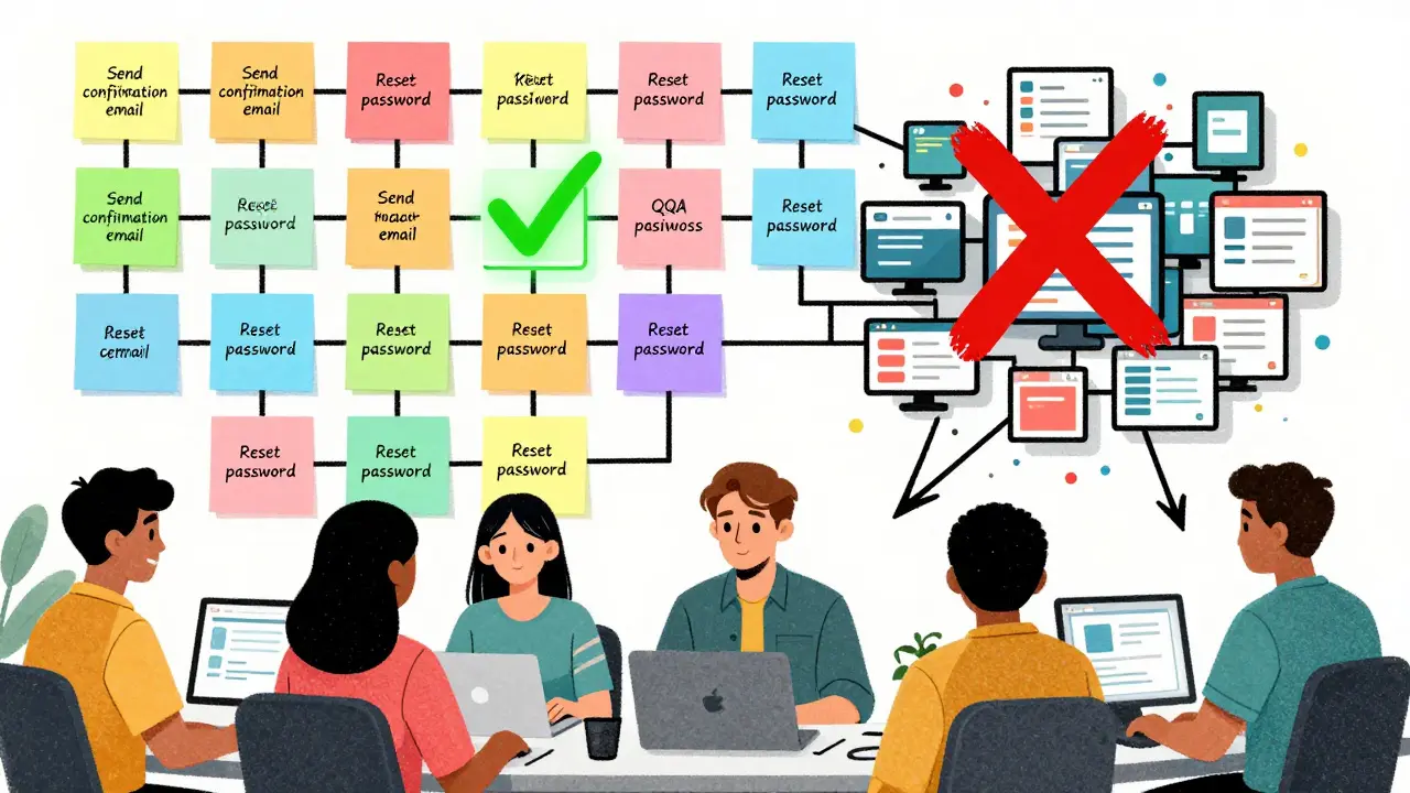 Team working together around a wall of sticky notes connected by lines, representing vertical slices.