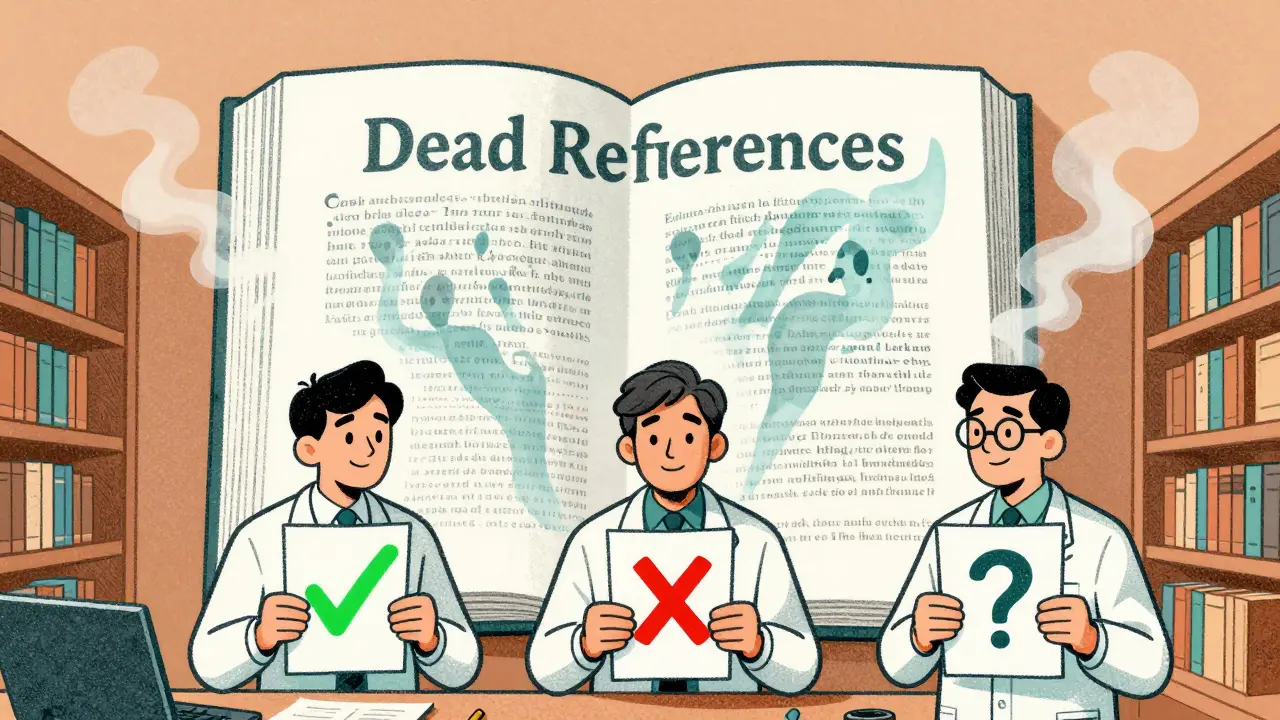 Three researchers holding papers with checkmarks, Xs, and question marks beside a looming book of dead references.