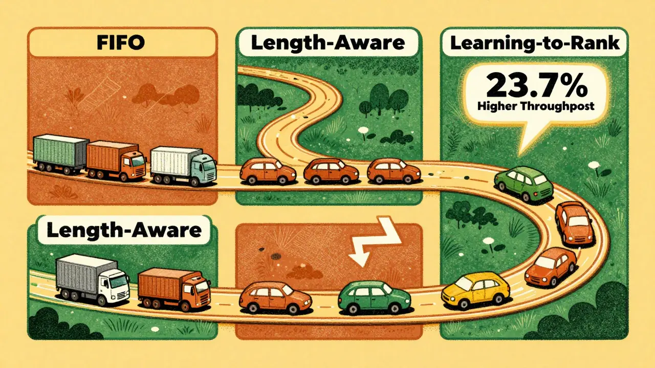 Three scheduling methods visualized as race tracks, with Learning-to-Rank leading as the fastest option.