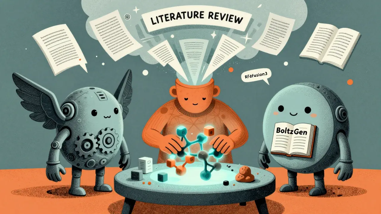 Three whimsical AI systems collaborate to build a protein while literature papers swirl around them in risograph art.