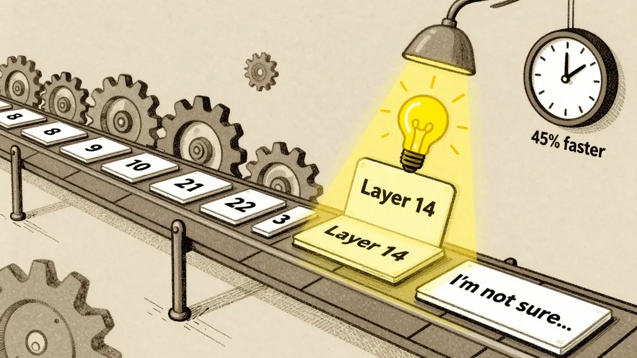 A conveyor belt of text passing through gears, with insight triggered at layer 14