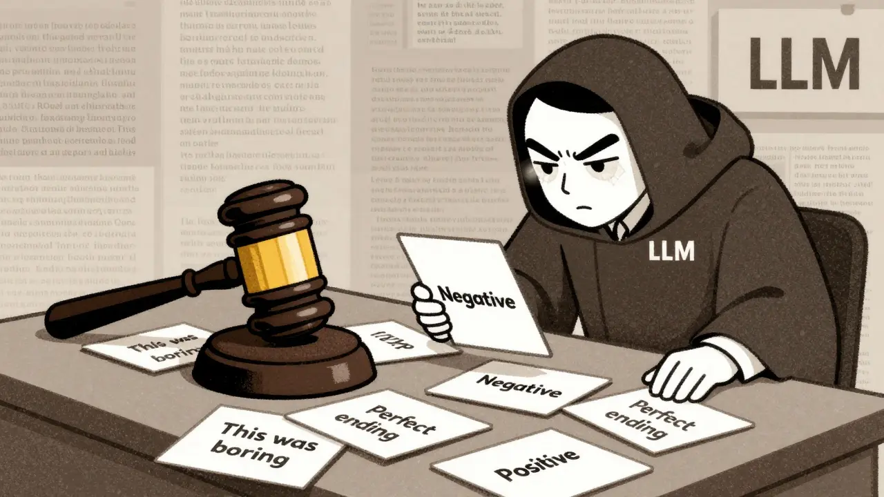 A courtroom where an LLM processes sentiment examples like evidence cards