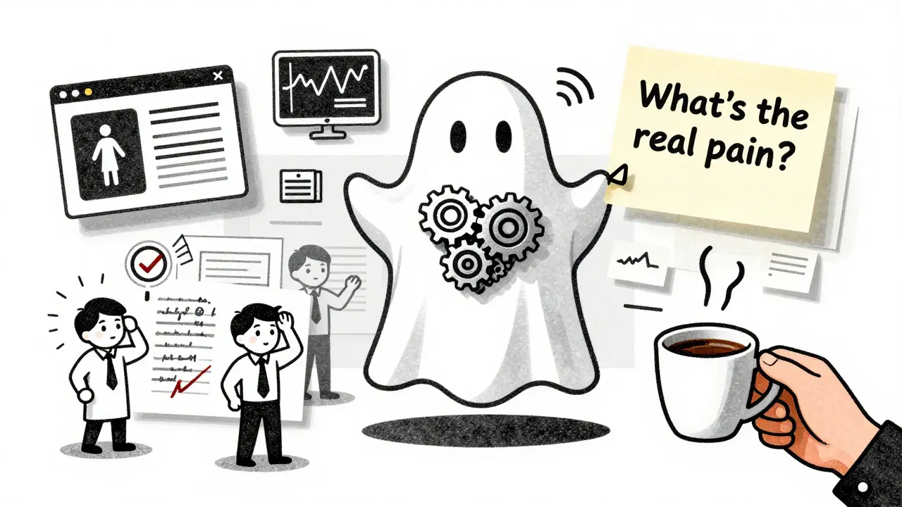 A floating AI agent directing tiny helpers to draft a pitch and simulate user feedback, with human hand asking a question.