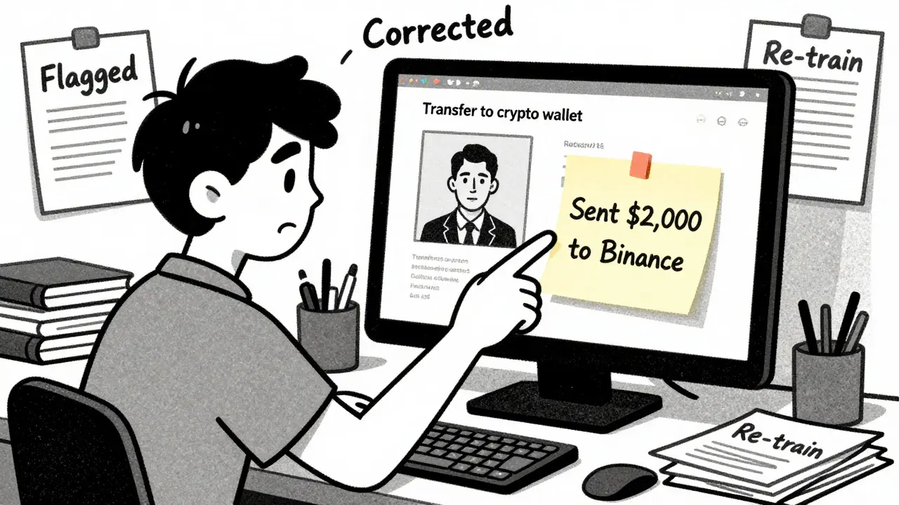 A human analyst corrects a model’s error by handwriting a better version on a sticky note amid stacked papers.